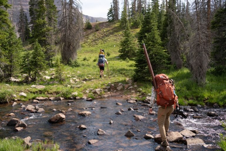 Adventurous hikers crossing a stream in the lush Uinta National Forest, Utah.