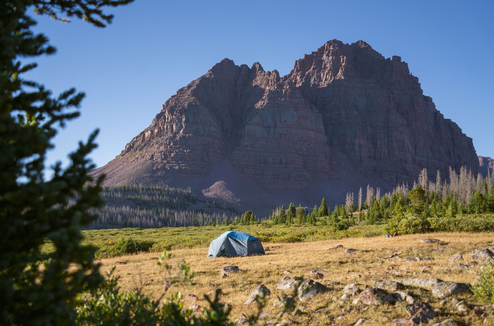 Tranquil campsite in the Uinta Mountains, Utah under a clear blue sky.